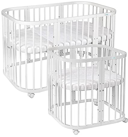 Waldin Babybett aus Holz 7in1 mit Matratze, Mitwachsendes Kinder-Bett, Belüftet, Boden 5-Fach Verstellbar, All-Inclusive-Set, Holz Weiß