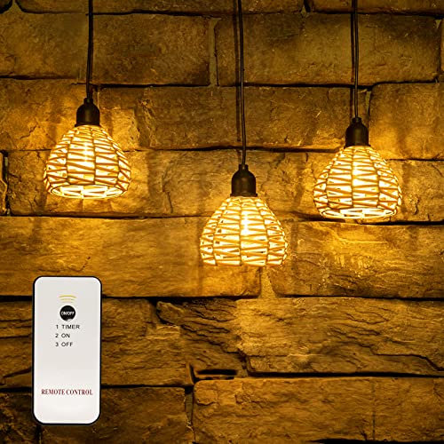 ALL FORTUNE 3 Pack Outdoor Battery Operated Chandelier, Small Hanging Rattan Pendant Lights with Remote Control Timer, Warm White Waterproof Lamps for Gazebo Yard Porch Patio Garden Backyard Decor,