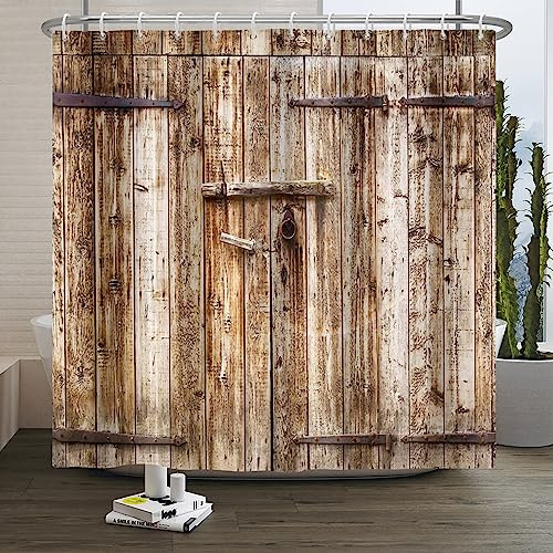 SDOTPMT 122x183cm Holz Planke Duschvorhang Jahrgang Braun Scheune Tür Badevorhang Holz Rustikal Boden Bauernhaus Ländlich Landschaft Badewanne Vorhang Polyester für Badezimmer Badevorhang mit Haken