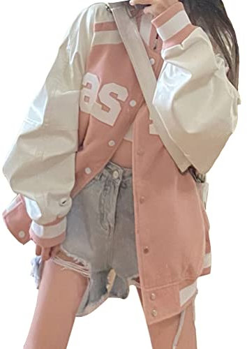 ORANDESIGNE Blouson Femme Bouton Pression Bomber Jacket à Manches Longues Veste Matelassée Légère Sport Homme Bomber Sweat Veste Casual pour Printemps Automne H Rose XXL