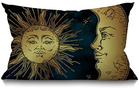 BGBDEIA Golden sun crescent moon and stars over blue black sky Cotton Linen Decorative Cushion Cover Throw Pillow Case for Couch Sofa Bed,30 x 50 cm 12 X 20 Inches