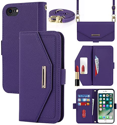 Cavor Case compatible with iPhone 7 Plus/8 Plus Phone Case With Strap,Crossbody Flip Leather Wallet Case,[5 Card Holder][Mirror][Magnetic],Lanyard Case Cover for women - Purple