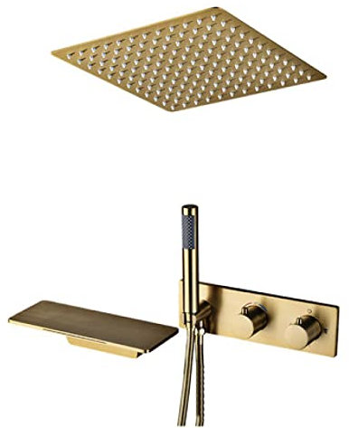 CAZARU Duschsystem Unterputz-Thermostat-Duscharmatur Set Gebürstetes Gold Anti-Verbrühungs-Duschset mit Handbrause und Regenduschkopf Fortschrittliche Luftinjektionstechnologie Deckenmontage