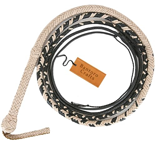 Crème et Noir Fouet en Cuir de Kangourou Fouet 16 Tresses Brins Cuir tressé Ventre en Cuir et traversin en Cuir à l'intérieur Fouet craquant Fort pour Les Sports équestres (16 Pieds (4,8 Mètres))