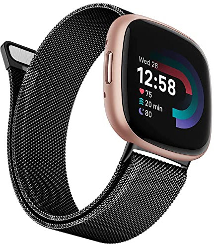 Wanme Metallarmband kompatibel mit Fitbit Versa 3/4 und Sense/Sense 2 – Edelstahl, verstellbar, für Damen und Herren – Schwarz