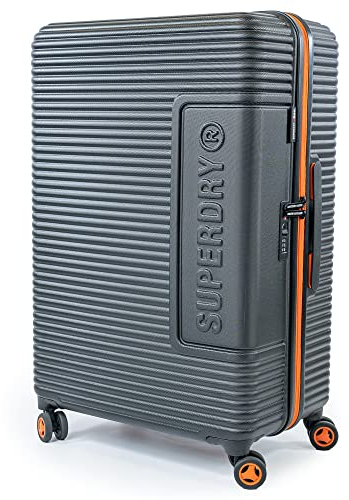 Superdry Hard Shell Travel Suitcases - Lightweight, Robust, TSA Locks, with 8 Smooth Spinner Wheels, Telescopic Trolley, Clothing Retention Straps & High Cap Luggage (Black/Orange, Medium)