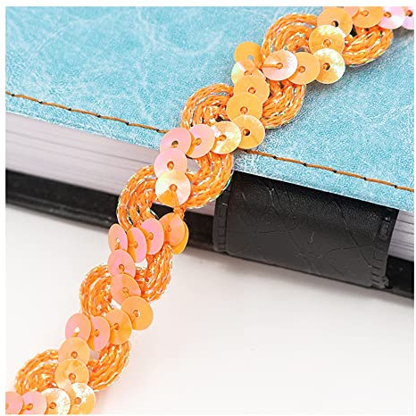 Yurosiay 15m×1.5cm Paillettenband Glänzende Geflochten Paillettenborte Wellig Dekoband Pailletten Zierband Bunt Paillettenband zum Aufnähen Paillettenbesatz für DIY Nähen Handwerk Orange