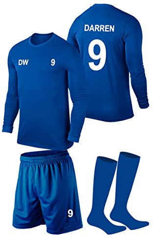 PROSTYLE SPORTS Personalised Football Kit Soccer kit Full Sleeve Football Soccer Jersey,Shorts and Socks Set Adult (as8, Alpha, l, Regular, Regular, Royal Blue)