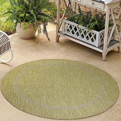 HomebyHome Tapis d'intérieur et d'extérieur lavable, résistant aux intempéries, 160 cm, rond, vert, pour balcon, cuisine, 160 cm, bordure ronde, design de camping, jardin, terrasse