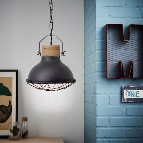 Lightbox Industrial Hängelampe - Pendelleuchte mit Schirm - in der Höhe einstellbar/Kette ist kürzbar - aus Metall/Holz ist aus Schwarz-Pappel - in Schwarz Korund - Ø 33 cm & 1,33m Höhe