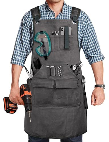 Schürzen für Männer mit Taschen, Leinwand verstellbare Arbeitsschürze, Werkzeugschürze geeignet für Holzarbeiter, Mechaniker, Schmiede, GRAU, Einheitsgröße
