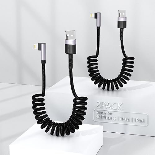 Câble Lightning spiralé 4FT,Câble de charge iPhone 90 degrés pour voiture,2 pack Cordon de charge court et rétractable pour iPhone14/13/12/11 Pro Max/XS MAX/XR/XS/X/8/7/Plus/6S iPad/iPod