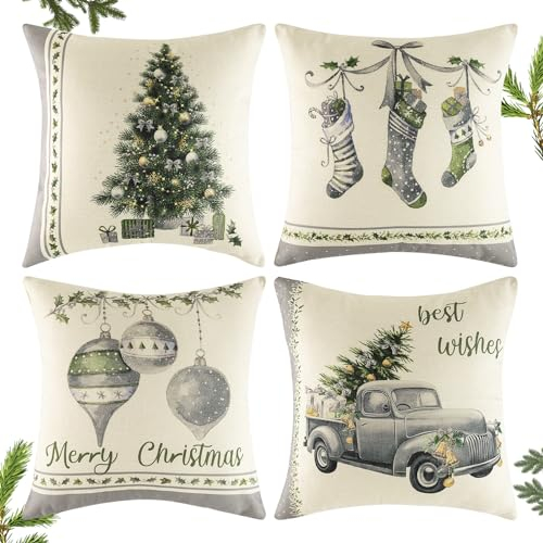 Viosmut 4er Kissenbezug Weihnachten 45x45cm, Schöne Weihnachtskissen Grau Leinen, Weihnachtskissenbezug mit Weihnachtsbaum Glocke Muster für Weihnachtsdeko, Wohnzimmer und Sofa Deko Kissen