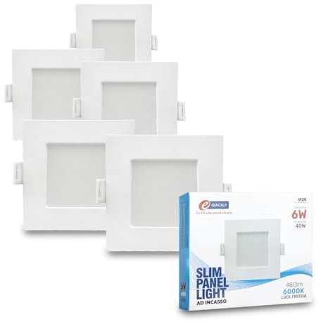 E-QUICKLY faretti led da incasso - 6W equivalente a 40W, faretto led Quadrato da Soffitto per cartongesso, slim panel connessione 220V, luce bianco fredda 6000k, 480 Lumen, foro 100x100mm, 5PZ