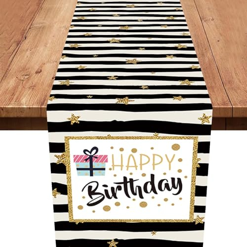 Schwarz Gold Geburtstag Tischläufer,Schwarz Weiß Party Tischläufer Geburtstag Dekoration Gute Zum Geburtstag Tischläufer Tisch Deko für Kinder Mädchen Jungen Geburtstag Party Dekoration 180 x 35cm