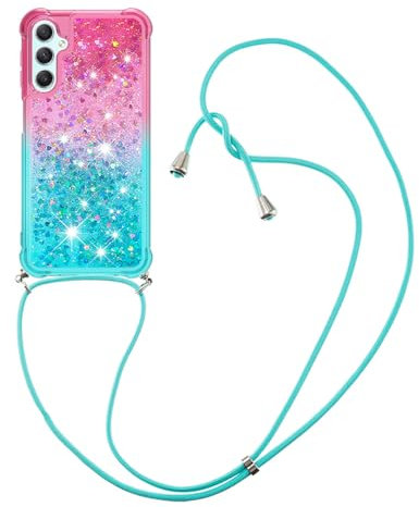 Ysnzaq Lanyard Coque pour Samsung Galaxy A25 5G 6.5, Brillant Paillette Floating Liquide Transparente TPU Antichoc Coque avec Cordon Case pour Samsung Galaxy A25 5G. YBG Pink Green