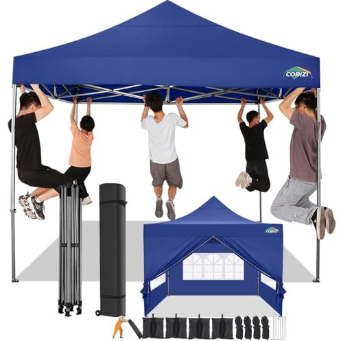 COBIZI Faltpavillon 3x3 Wasserdicht Stabil Winterfest mit Seitenwand,Pop Up Pavillon Partyzelt,Sonnenschutz Gartenpavillon,Pavillon Faltbar mit Tasche mit Rollen(3 mal 3m Dunkelblau)