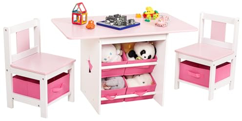 Yorbay Kindertisch mit 2 Stühle, Kinderaktivitätstisch mit Stauraum, 3tlg Kindersitzgruppe, Sitzgruppe für Kinder, Maltisch für Kinderzimmer, Spielzimmer, Vorschüler, Kindermöbel (Rosa)