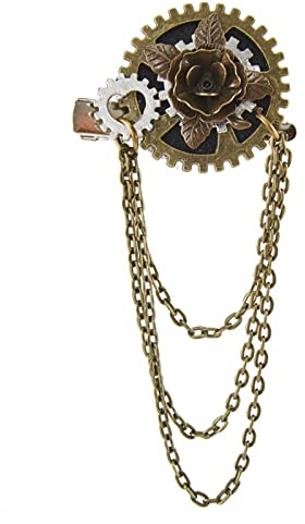 Broche avec engrenages steampunk et glands - Pince à cheveux - Épingles à nourrice - Accessoire de costume pour robe, manteau, gothique, steampunk - Chaîne en métal - Pince à cheveux pour femme -