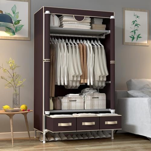 Anmas Power Canvas Wardrobe with 3 Drawers - Portable Closet with Hanging Rail and Shelves, 90x45x170cm Wardrobe for Bedroom, Dark Coffee