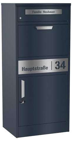 Graviers Design Paketbriefkasten mit Brieffach personalisiert freistehend - Edelstahl Namensschild Hausnummer Laserschnitt Gravur - pulverbeschichteter Briefkasten Postbox Paketbox Design 1
