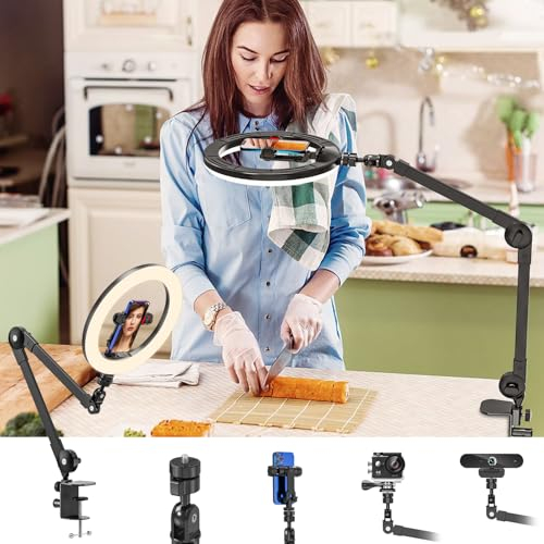 Jubor 10 Ring Light con Treppiede, Luce ad Anello con Supporto per Telefono, Anello Luminoso per Scrivania con 3 Colori 10 Luminosità per YouTube, Live Streaming, TikTok, Trucco, Selfie
