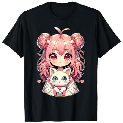 Anime Mignon Chat Amoureux Kawaii Manga Otaku Anime Fille Rose T-Shirt