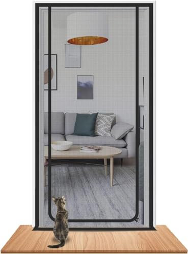 Cat screen Door Fits Door Size 80cm x 200cm, Heavy Duty Pet Screen Door,Partition Cat Door Screen Net, Double Zip Black