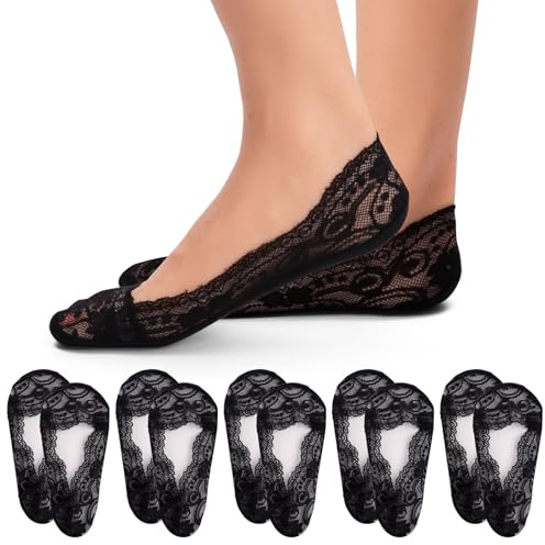 5 Pairs Women's No Show Lace Socks - Non Slip, Low Cut, Invisible Boat Socks
