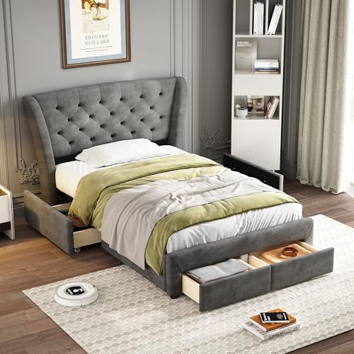ModernLuxe Single Bed Frame, 3FT Upholstered Single Bed with Storage Drawers 4, Wooden Bed Frame with Soft Backrest, Sturdy Metal Underbed Bracket, Snowflake Fleece, Grey, 90x190cm