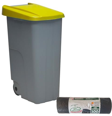 WELL HOME - Contenedor Cerrado 85L Amarillo H.76cm + Rollo 10 bolsas de basura 100L