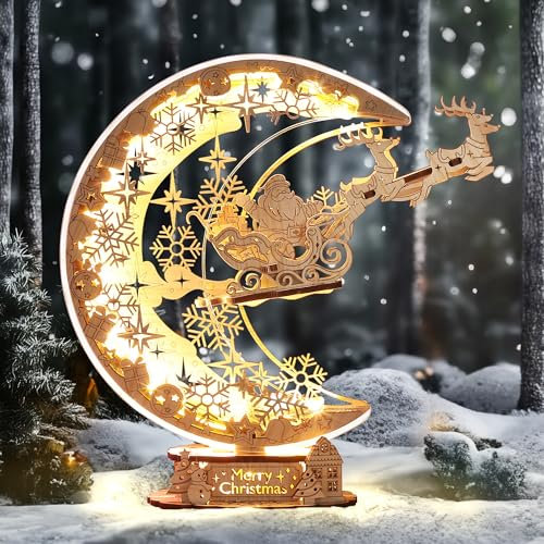 FUNPOLA LED Puzzle 3D in legno Natale Notte Volo Luna Lampada, Kit fai da te Luce notturna festiva per decorazioni natalizie, Regalo di Natale unico per adulti e bambini (Bianco)