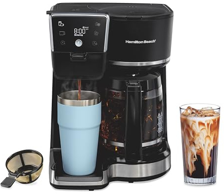 Hamilton Beach 2-Way 12 Cup Programmable Drip Hot and Iced Coffee Maker & Single Serve Coffee Machine, AquaFlow Showerhead, Glass Carafe, Auto Pause and Pour, Black (47500J)