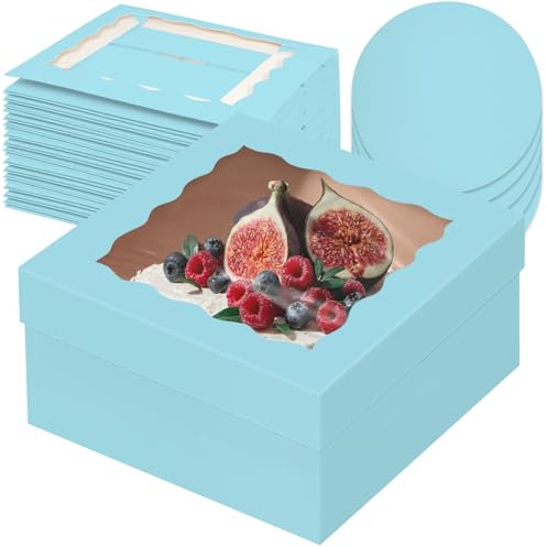 Gcardist 30,5x30,5x15,2cm Kuchenbox, 5 Sets Licht Blau Tortenkarton mit Fenster & 5 Sets 30,5cm Licht Blau Kuchenrunde Bretter, 30,5 cm Kuchenbehälter (12x12x6 inch)