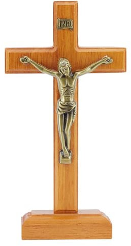 HOBBIESAY Standing Cross 19.5cm Wooden Tabletop Cross Ornament Standing Dark Orange Wooden Wall Decor with Stand for Home Decor