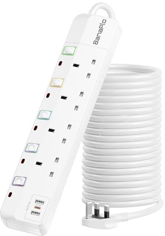 Extension Lead with USB Slots 10M, 4 Plug Extension Lead with 2 USB A and 1 USB C, 20W USB C Fast Charging Extension Cable with Individual Switches and Indicator Lights, for Home, Office