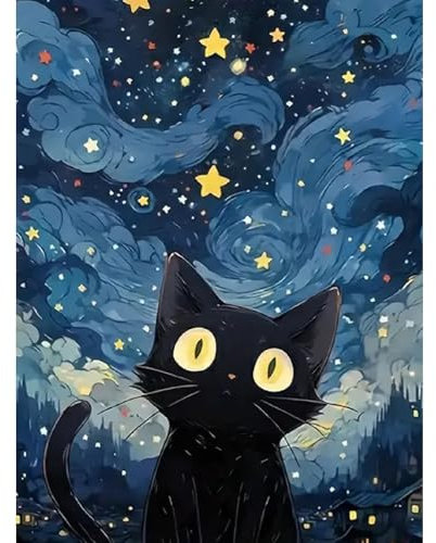 5D Diamond Painting Noche Estrellada Gato, Diamante Pintura animal Kits, Diamond Painting Kit Completo Manualidades Adultos Regalo Niños, Diamond Painting Para Decoración De Pared Del Hogar 30x40cm