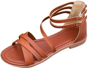 Sandales et Nu-Pieds Femmes Confortable Sandales Plates pour Femmes Décontracté Style Romain Croisé Cheville Élastique Sangle Une Bande Sandales D’été Plates Pas Cher Spartiate Chaussures Plates