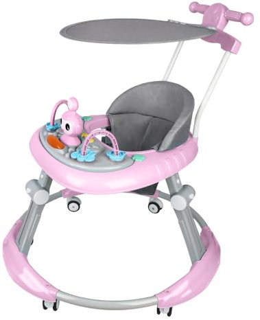 Lauflernhilfe, Lauflernwagen, Laufwagen Baby Walker Spielzeug für Kinder, Lauflernhilfe mit Musik, Babywalker Höhenverstellbar & Klappbar, mit Sonnenschirmtuch (Rosa-67 * 67 * 79cm)