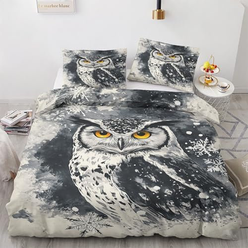 Luxfieo Eule Deko - Eule Bettwäsche 135x200 Winter, Eulenmotiv Vogel Bettbezug 135 x 200 2er Set mit 1 Kissenbezug 80x80, Weiche Mikrofaser Winterbettwäsche mit Reißverschluss T&*92