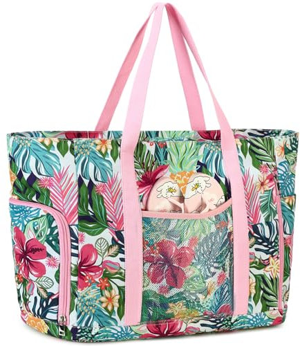 JANSBEN Strandtasche XXL Familie mit Schuhfach - Badetasche Damen Große mit Reißverschluss Wasserdicht Sanddicht Beach Bag Leichte Shopper Schultertasche Schwimmtasche für Strand Reisen Rosa