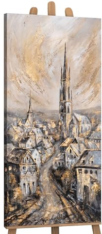 YS-Art Acrylbild Stadt mit gold handgemalt Acrylmalerei Deko fürs echte