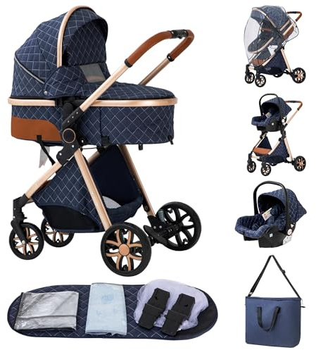 ALYIKOU kinderwagen 3 in 1 komplettset bis 25 kg，Kombikinderwagen reisesysteme，Zusammenklappen, Liegeposition (3 in 1 LV9 Blau)