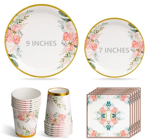 100Pcs Pink Flower Party Plates Cups and Napkins, 9 and 7 Strong Disposable Paper Plates, Party Tableware Set 25 Guests for Picnic Birthday Bridal Baby Shower Wedding