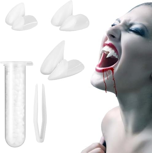Denti da vampiro, 3 paia di denti da vampiro con colla personalizzata, zanne da vampiro, zanne finte con adesivo dentale, per Halloween, feste di Halloween, cosplay