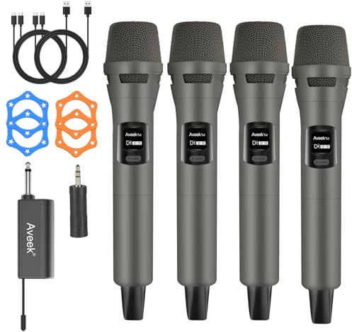 Set de 4 Micrófonos Inalámbricos,Alcance 30m, 10h de Batería para Karaoke
