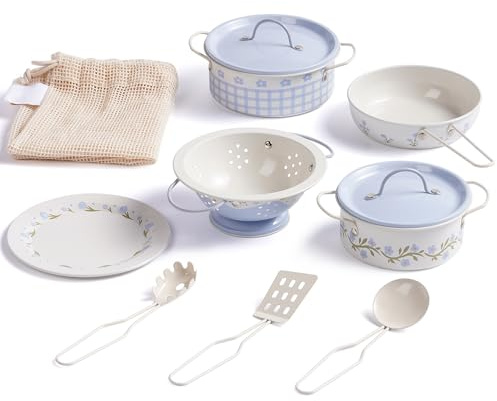 ROBOTIME Kid Metal Play Pots and Pans Toys, Pretend Cooking Utensils, Blue | Tinplate Kitchen Cookware Set, Play Kitchen Accessories with Net Bag, Cream French Style for Kids Toddlers 3+