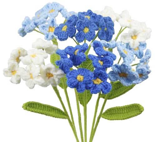 CEWUDA 6 Stück Gehäkelte Blumen Häkeln Blumenstrauß Künstliche Blau Vergissmeinnicht Kunstblumen Bouquet Häkelblume Handgefertigter Blumenstrauss für Frauen Freunde Muttertag Valentinstag Geburtstag