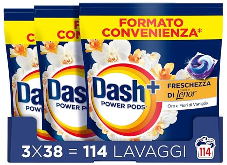 Dash Power Pods Detersivo Lavatrice In Capsule, 114 Lavaggi (38x3), Freschezza Di Lenor, Oro e Fiori di Vaniglia, Freschezza che dura 7 Giorni, Pulizia Impeccabile