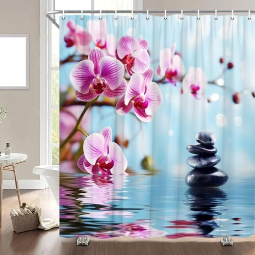 Latwerio Duschvorhang Orchidee 3D Duschvorhang 200x200 cm Spa Shower Curtain Antischimmel Badezimmer Vorhang Wasserdicht Duschvorhänge Waschbar Bad Vorhäng für Badewanne mit 12 Haken U986